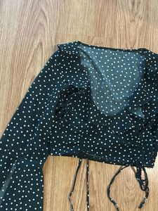 Black Polka Dot Bell Sleeve Crop Top