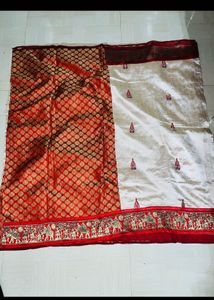 Elegant Cream &amp; Red Silk Saree