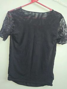 Chic Black Lace &amp; Embellished Sheer Neckline Top