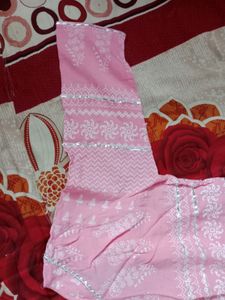 Pink Printed Cotton Anarkali With Jacket