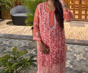 Charming Coral Chikankari Kurta