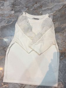 White T-Shirt with Sheer Sleeves