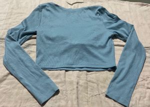Chic Blue Ribbed Long Sleeve Crop Top