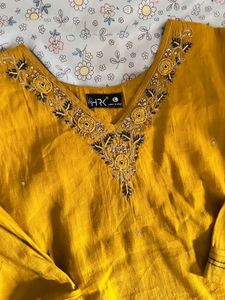 Yellow Kurta Set with Embellished Neckline
