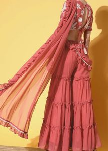 Ruffled Pink Ready To Wear Sharara Saree