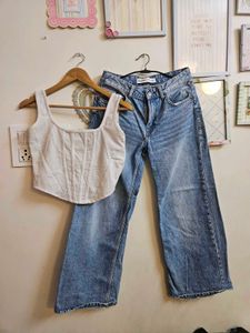 White Corset Top & Wide Leg Jeans Set