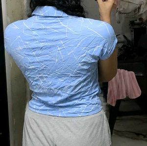 Sky Blue Geometric Print Tie-Up Stretch Shirt Top