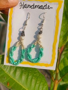 Handmade Sky blue & white Beaded Dangle Earrings