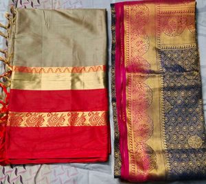 2 Saree Combo - Red & Gold, Pink & Blue