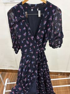 Navy Blue Floral Wrap Maxi Dress