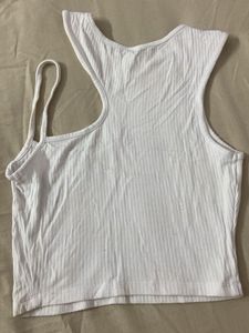 White Ribbed Asymmetrical Tank Top