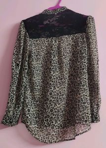Leopard Print Sheer Blouse with Lace Detail