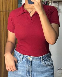 burgundy knit polo collar top