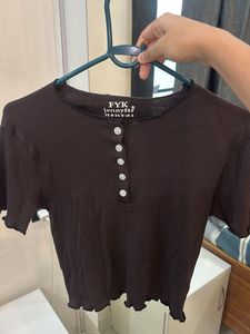 Brown Ribbed Lettuce Hem Crop Top