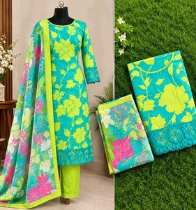 Beautiful Pink &amp; Blue Floral Cotton Dress Material