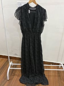 Black Polka Dot Print Flutter Sleeve Maxi