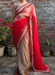 🎊🧿Diwali special Elegant Red & Beige Saree