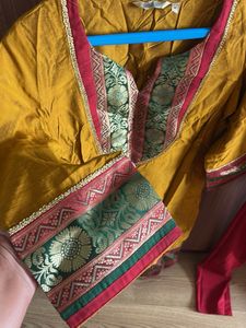 Yellow Kurta with Red Bottom and Dupatta