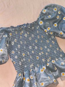 Blue Daisy Smocked Puff Sleeve Top