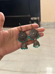 Oxidized Jhumka Earrings with Turquoise Beads