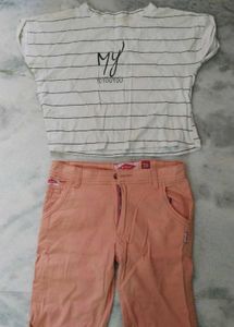 Striped Top (cotton )& Peach shorty pants(denim)