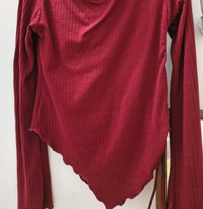 Maroon Ribbed Asymmetric Hem Top with Bell Sleeves