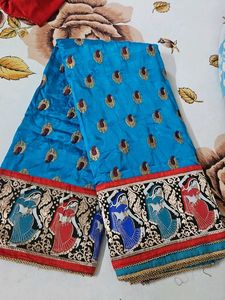 Blue Embroidered Saree with Dancing Figures