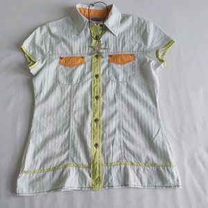 Y2k Striped Short Sleeve Button-Up Shirt 🫒
