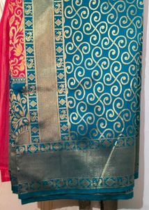 Pink &amp; Teal Blue Big Border Kanjivaram Silk Saree