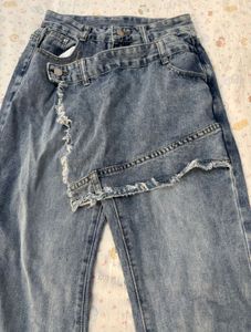 Distressed Wide-Leg Denim Jeans with Skirt Overlay