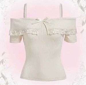 Cream Lace Bow Off-Shoulder Top
