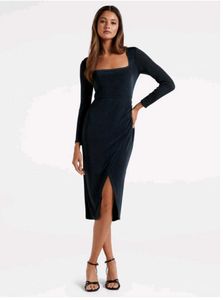 Elegant Square Neck Ruched Midi Dress