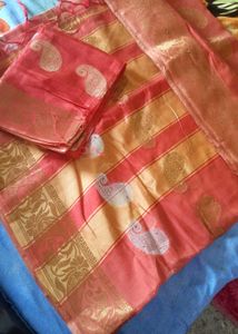 Elegant Coral Saree with Gold Border