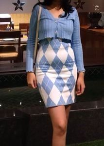 Argyle Print Knit Dress & Cardigan Set
