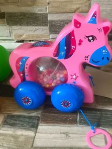 Pink Unicorn Pull Toy with Balls