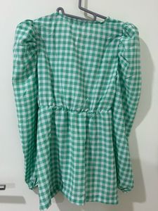 Green Gingham Puff-Sleeve Peplum Top