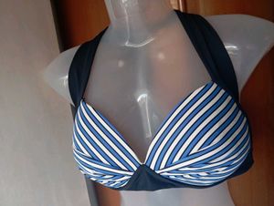 Blue &amp; White Striped Halter Bikini Top