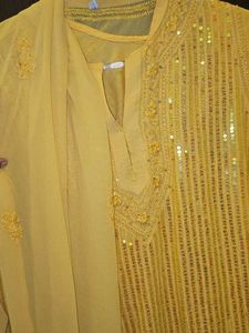 Yellow sequin sheer Kurta Set with Dupatta
