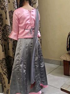 Beautiful Pink &amp; Grey Embroidered Lehenga Choli