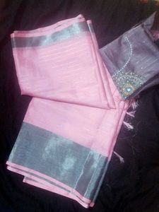Pink Chanderi Silk Saree with Blouse Pi