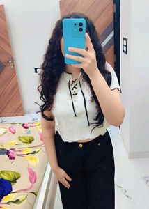 White Ribbed Lace-Up Crop Top