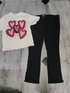 Cute Heart Graphic Tee & Flared Jeans Set🤩