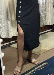 Black Wrap Midi Skirt with Button Detail | Elegant