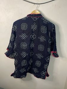Unique Embroidered Blue Mandarin Collar Top