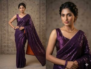 Purple Sequin Saree with stylish  stitch blouse