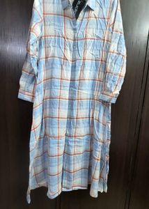 Light Blue Plaid Midi Shirt Dress