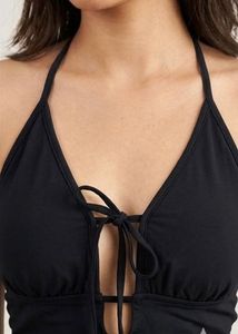 Black Halter Neck Tie-Front Crop Top