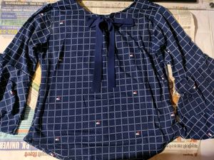 Stylish Blue Checkered Bell Sleeve Top