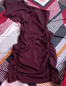 XS size Burgundy One-Shoulder ruffle Bodycon Dress