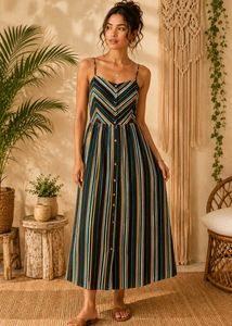 Boho Striped Button-Down Maxi Dress